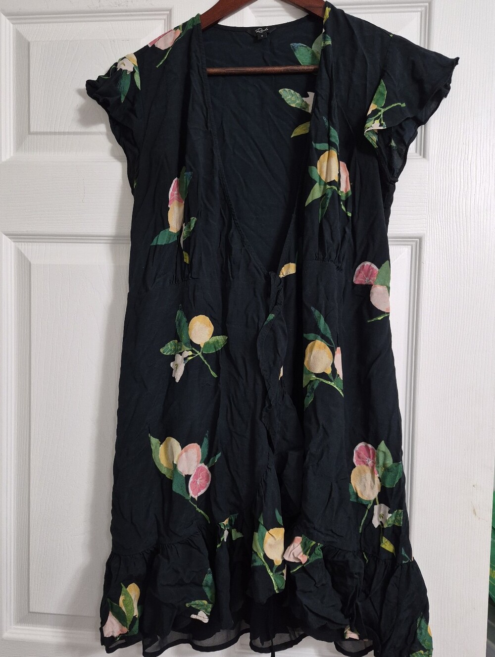 Black Fruits Short-Sleeve V-Neck Dress with Pink & Yellow Fruit Print